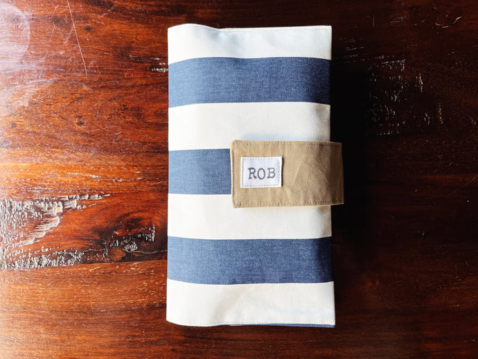 Personalized navy and white striped diaper clutch