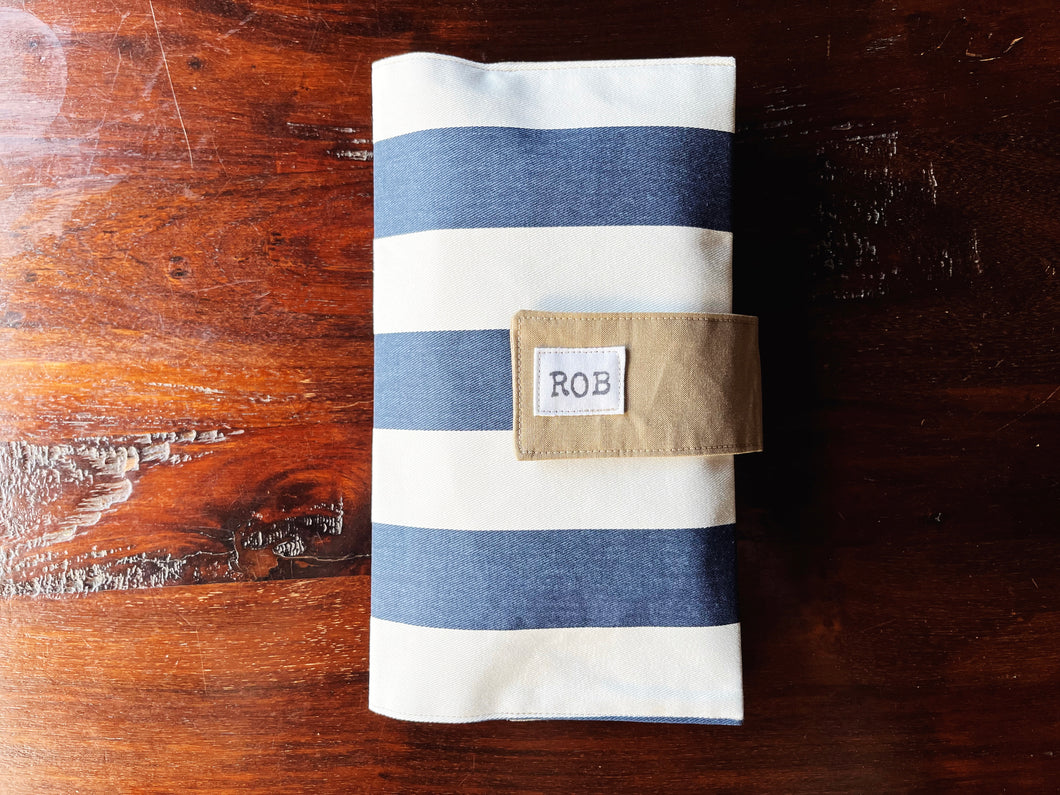 Personalized navy and white striped diaper clutch